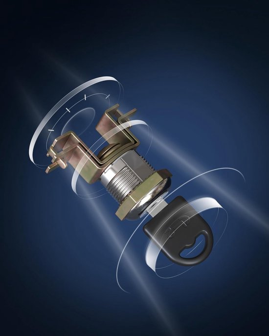Gedetailleerde weergave van een zwart metalen archiefkastsleutel en slotmechanisme.