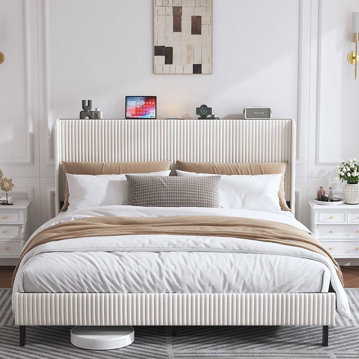Pugsdrly Bedframe 180*200 gestoffeerd platformbed met stoffen hoofdeinde, ontwerp met afgeronde randen/antislip en geruisloos/metalen latten/zonder bedbodem