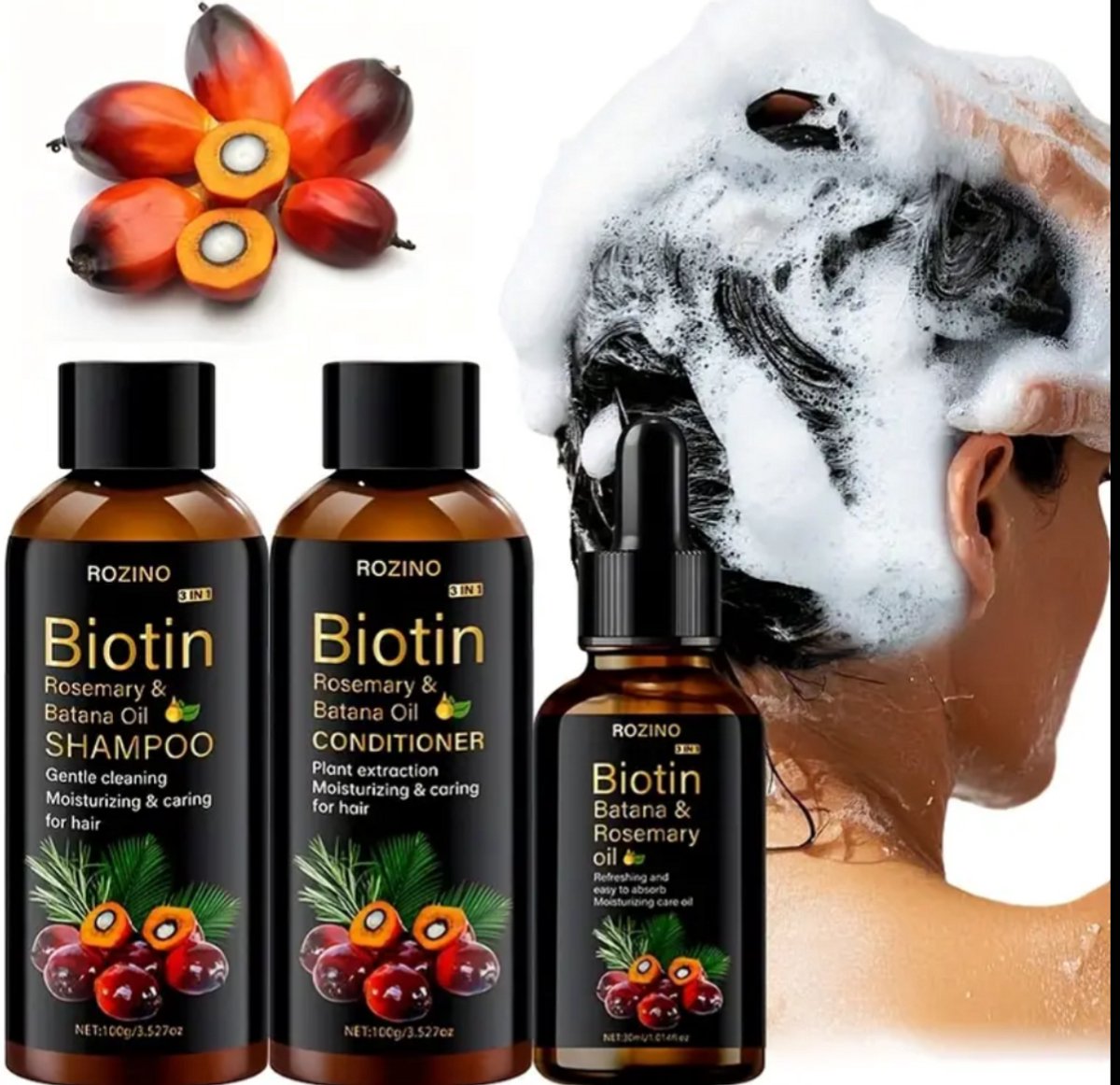 Biotin rozemarijn batana olie shampoo conditioner en olie in een set.