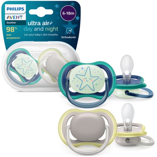 Philips Avent Ultra Air Day & Night 6-18 mois - 2 sucettes - bleu/gris - Pour jour et nuit SCF085/70