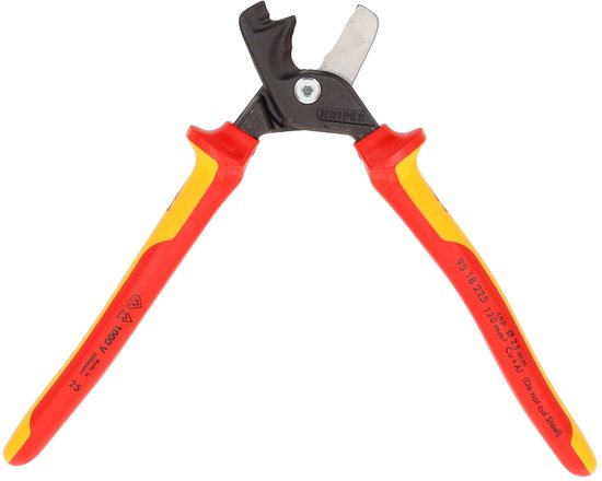 Knipex tangen met rode en gele handvatten, snijblad deels geopend. Tekst: 1000V Made in GERMANY.