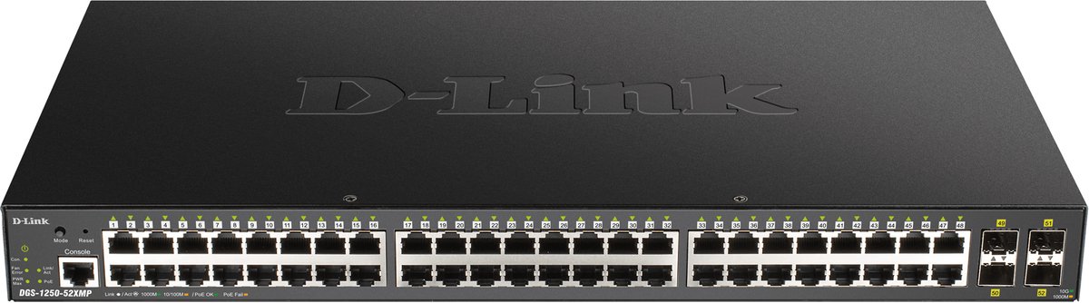 D-Link DGS-1250-52XMP/E Smart Managed Switch [48x Gigabit Ethernet PoE+, 370W, 4x 10 Gbit/s SFP+]