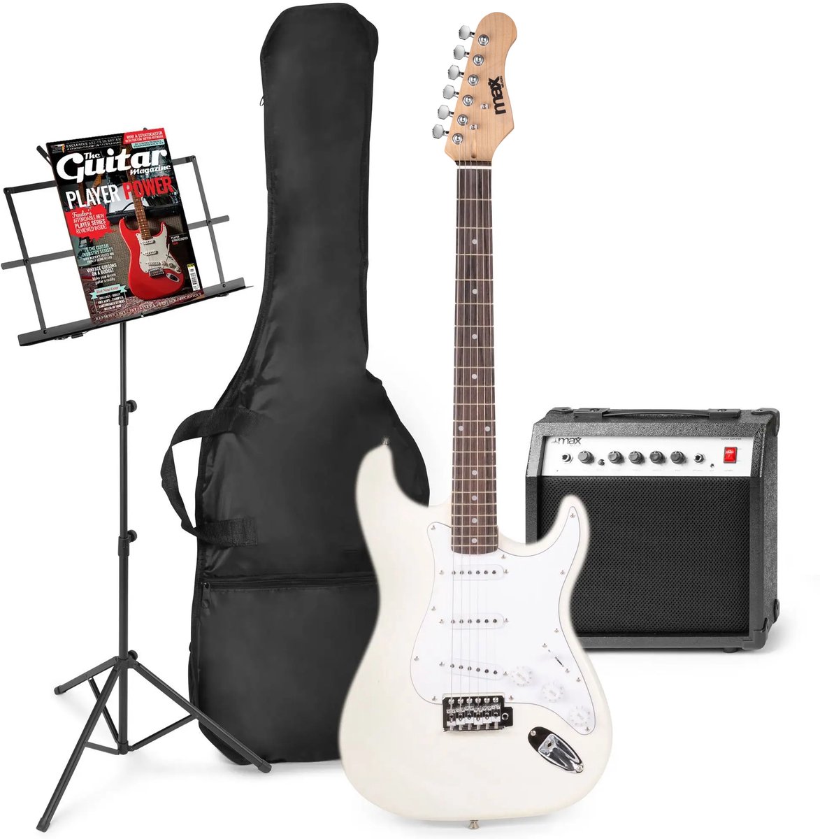 Elektrische gitaar met gitaar versterker - MAX Gigkit - Perfect voor beginners - incl. muziekstandaard gitaar stemapparaat gitaartas en plectrum - Wit