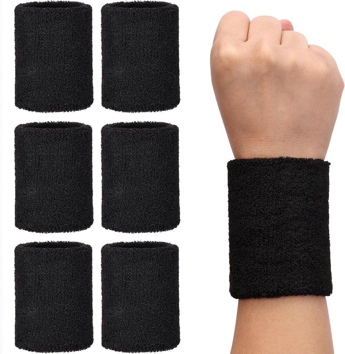 6-pack absorberende sportarmbanden voor mannen en vrouwen – zwart, perfect voor de sportschool, tennis of hardlopen, absorberende schuimarmbanden – schuimhoofdbanden