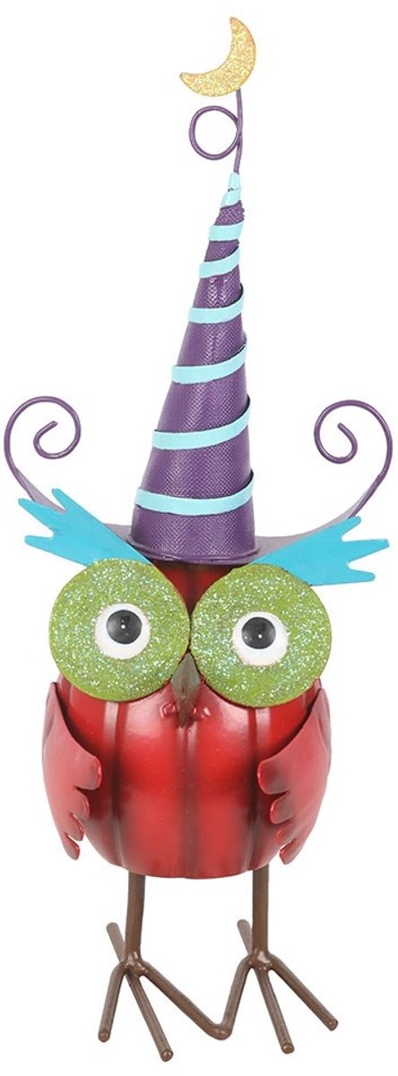 Something Different - Red Metal Owl Ornament with Witch Hat Tuin beeld/figuur - Multicolours