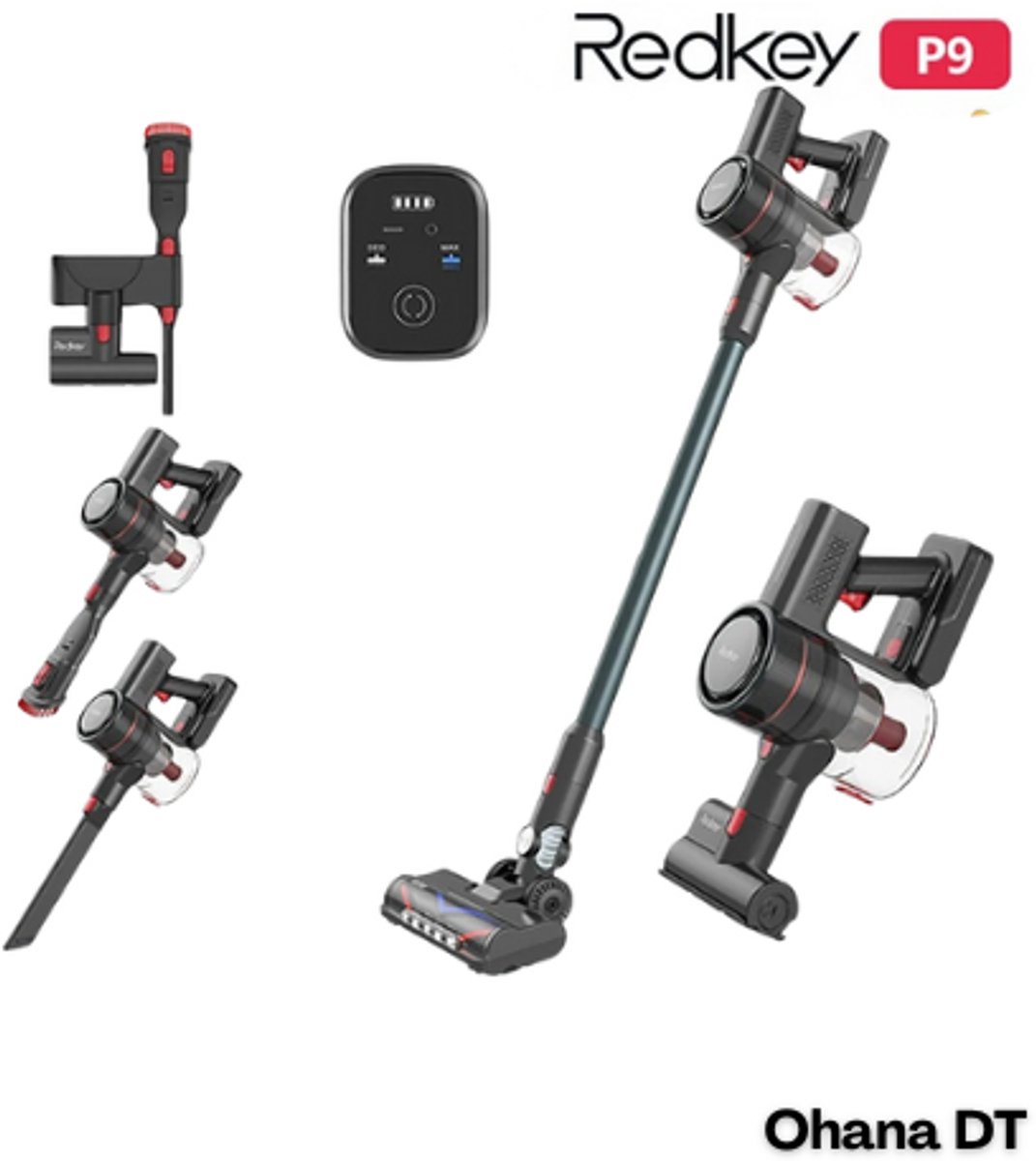 Redkey P9 - Draadloze Stofzuiger Zonder Zak - Snoerloze Stofzuiger - Steelstofzuiger - 8 Functies - 30000pA - Dubbele HEPA Filtratie