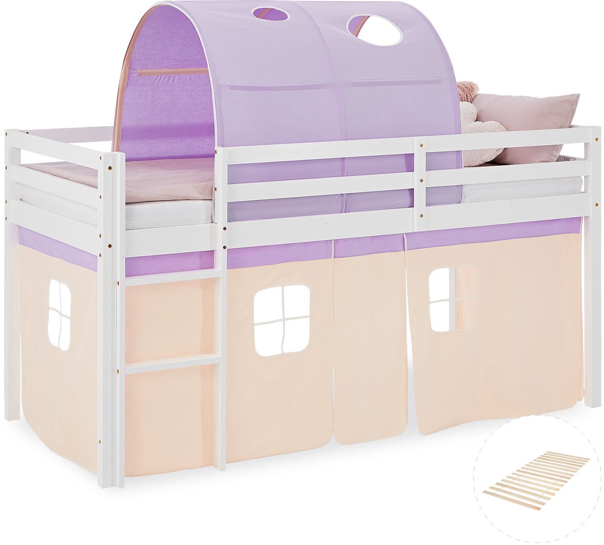 Homestyle4u Hoogslaper - 90x200 cm - Ros - met lattenbodem en tunnel Wit