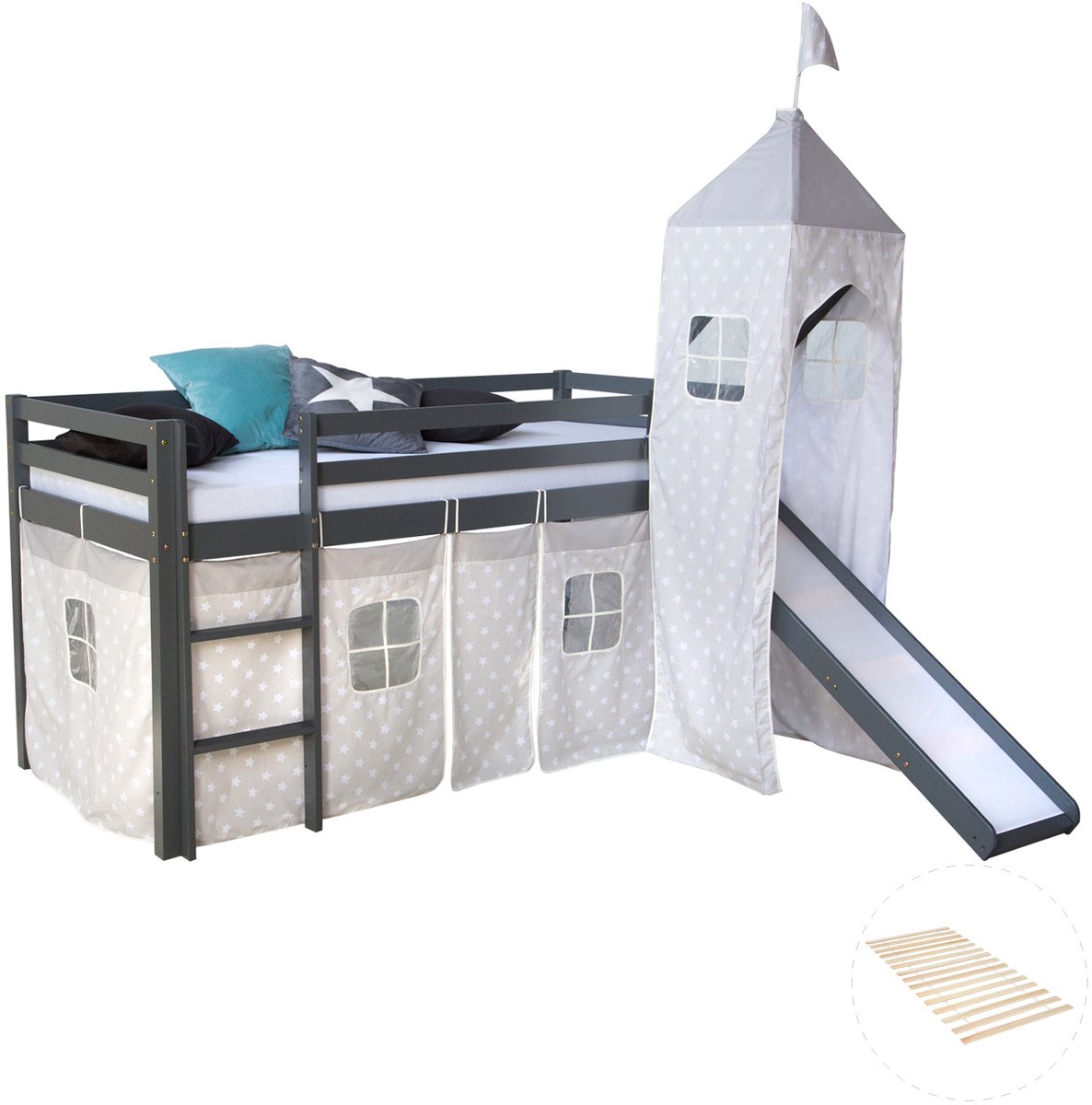 Homestyle4u Hoogslaper - 90x200 cm - met lattenbodem - toren - glijbaan - gordijn met sterrenmotief - grijs