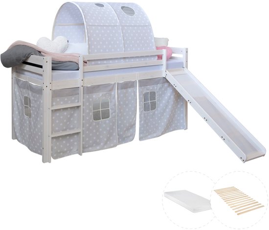 Lit mezzanine Homestyle4u - 90x200 cm - avec matelas - toboggan - rideau gris - tunnel motif étoiles - blanc