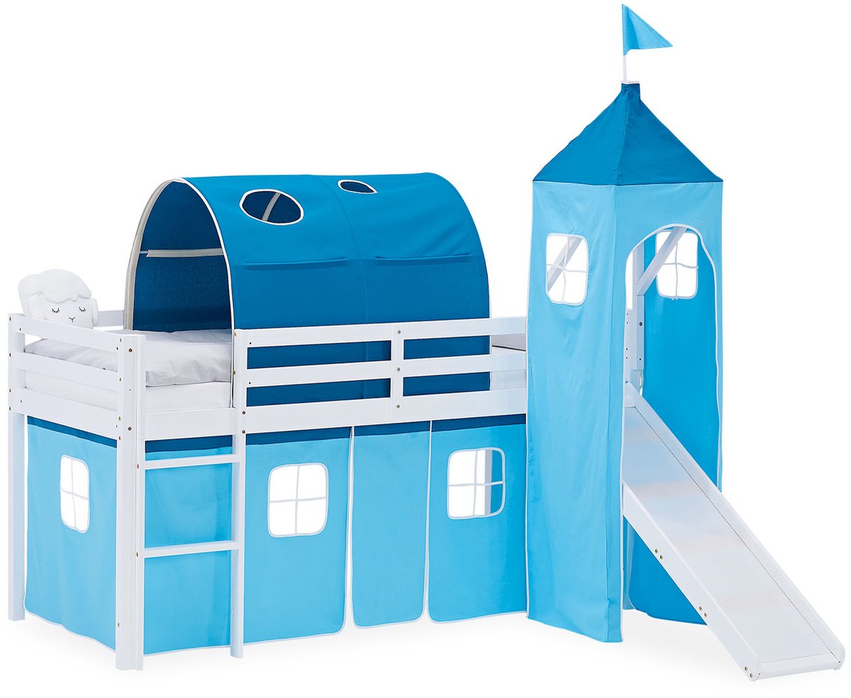 Homestyle4u Hoogslaper - 90x200 cm - Blauw - met glijbaan Wit