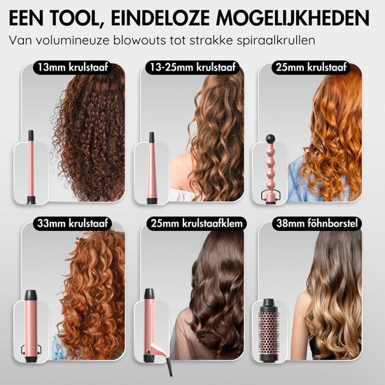 Sansbeauté® 6 in 1 Krultang met Klem - Keramische Haarkruller - 13mm tot 38mm - Beach Waves - Wavy Hair - Krultangen 32mm 25 mm 19 mm - Blowout Brush - Haarstyler - Hair Curler - Dunne en Dikke Krultang - Mini Krultang - Krultang Kort Haar