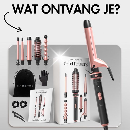 Sansbeauté® 6 in 1 Krultang met Klem - Keramische Haarkruller - 13mm tot 38mm - Beach Waves - Wavy Hair - Krultangen 32mm 25 mm 19 mm - Blowout Brush - Haarstyler - Hair Curler - Dunne en Dikke Krultang - Mini Krultang - Krultang Kort Haar