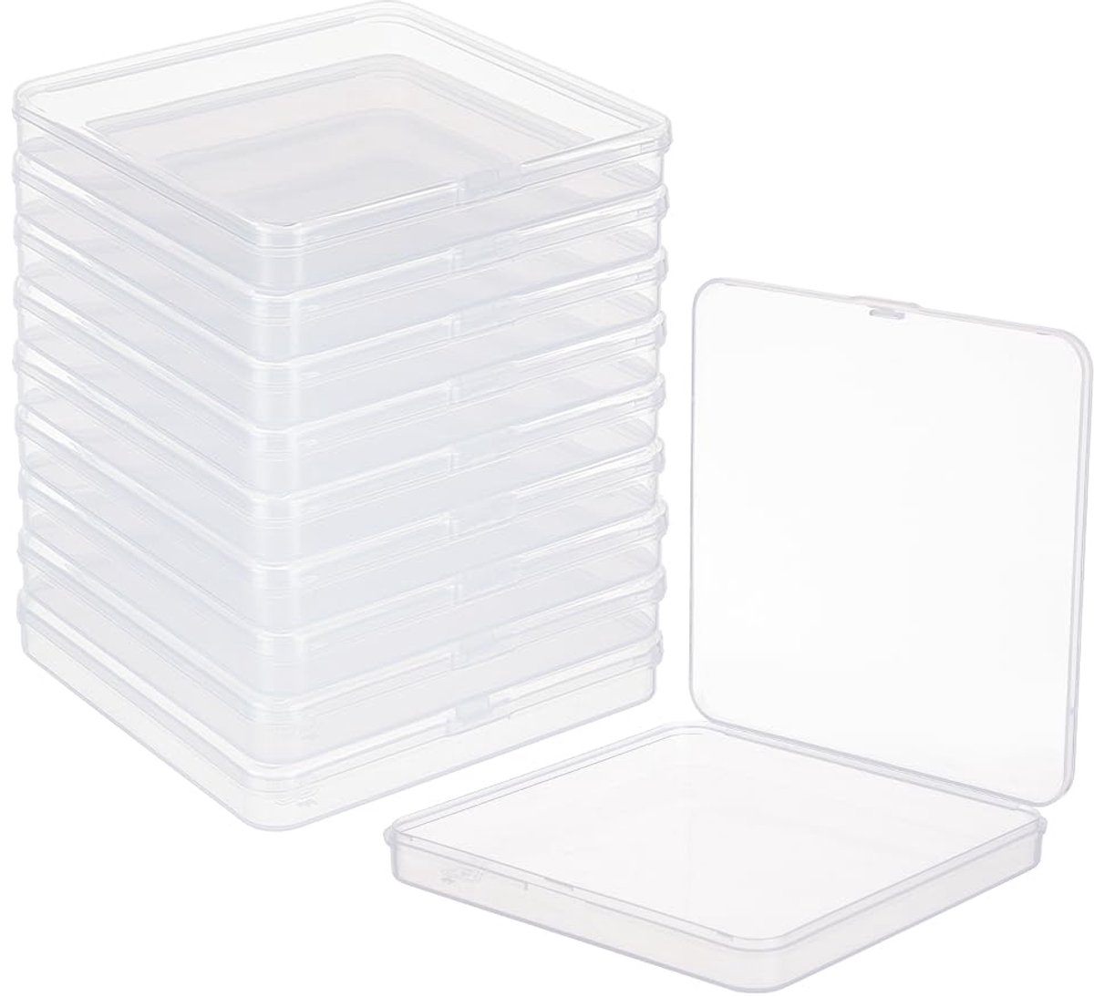 Vierkante Plastic Opbergdozen 11x11x1,5 cm - Doorzichtig met Scharnierend Deksel - 10 Stuks