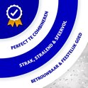 Cercles bleus et blancs ronds avec une coche et le texte "Parfait à combiner", "Élégant, éclatant & festif", "Fiable & festif".