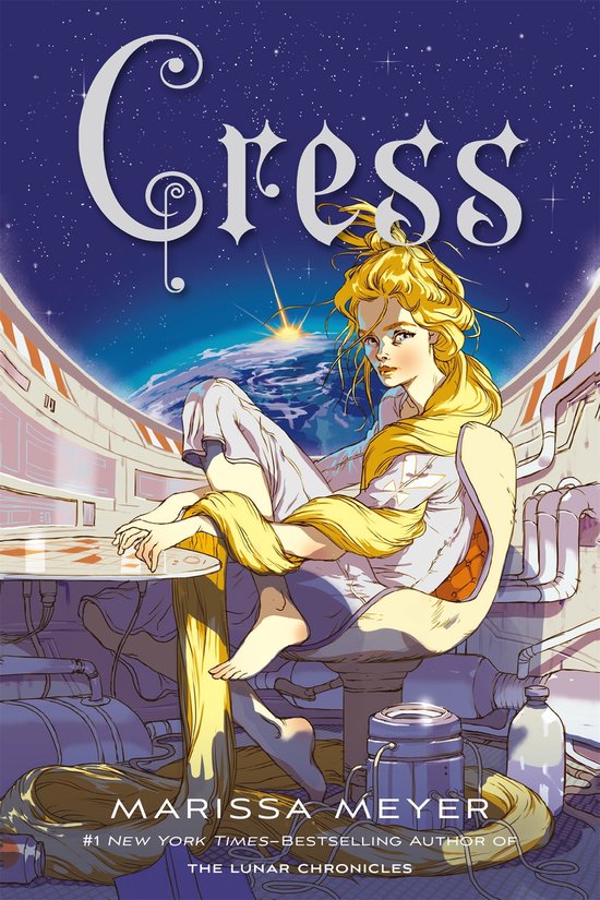 Boekcover van 'Cress' door Marissa Meyer. Een blond meisje zit in een ruimteschip met de aarde zichtbaar door het raam.