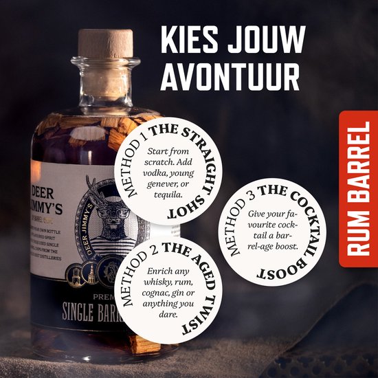 Deer Jimmy’s® Make Your Own Rum / Legendary Drink – Batch 24: Jamaican Rum Barrel Chips – Maak je eigen drank met eiken houtsnippers van een premium Rum vat