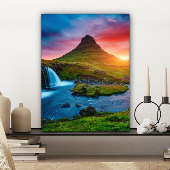 Peinture sur toile - Cascade - Islande - Coucher de soleil - Berg - Tableaux sur toile salon - Chambre à coucher - Toile - 30x40 cm - Décoration murale