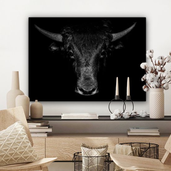 Toile - Animaux - Taureau - Zwart - Wit - Photo sur toile - 80x60 cm - Salon - Peintures sur toile