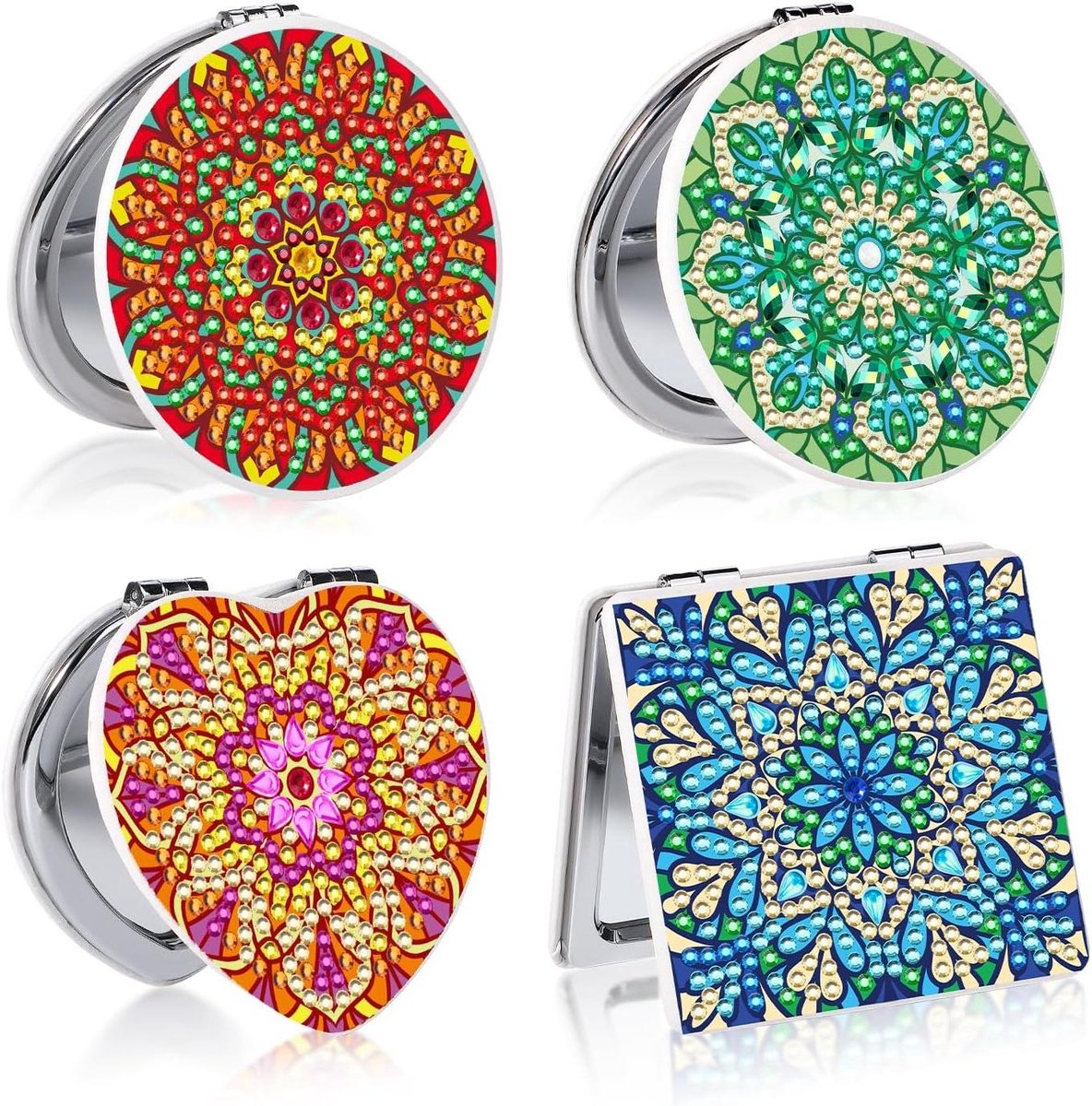 JHubers Goods - Set van 4 Diamant Schilderij Spiegels voor Meisjes en Vrouwen - Doe Het Zelf Make Up Spiegel Kit - Opvouwbare Portemonnee Spiegel - Mandala Design - Prachtige Decoratie met Diamantjes