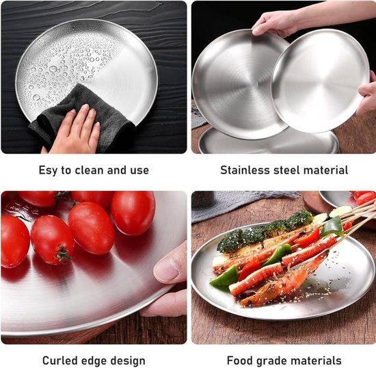 Roestvrij stalen rond servies - 2 stuks campingborden - roestvrijstalen borden - diameter 20 cm - metalen platte borden voor steaksalade - voor camping - picknick - eetkamer - keuken - feest — afbeelding 5