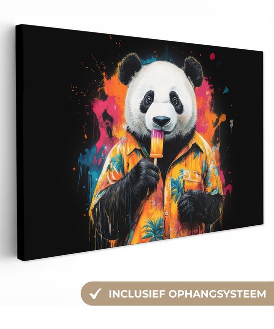 Canvas schilderij 120x80 cm - Wanddecoratie Graffiti - Zomer - Panda - IJs – Dier - Muurdecoratie woonkamer - Slaapkamer decoratie - Kamer accessoires - Schilderijen op canvas