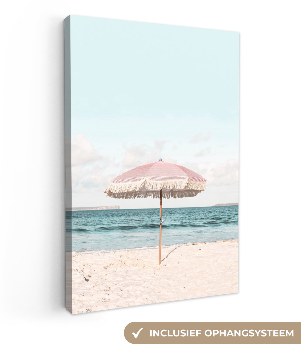 Canvas schilderij 60x90 cm - Wanddecoratie Parasol - Strand - Zee - Wolken - Muurdecoratie