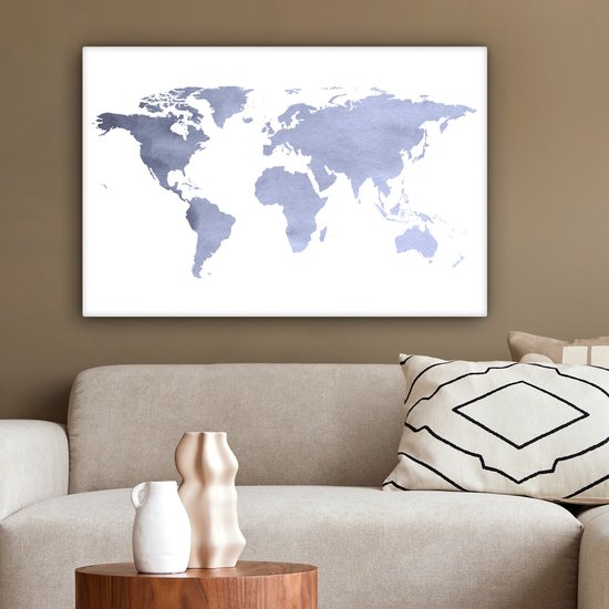 Wereldkaart avec des couleurs bleu violet et un motif texturé sur fond blanc 60x40 cm