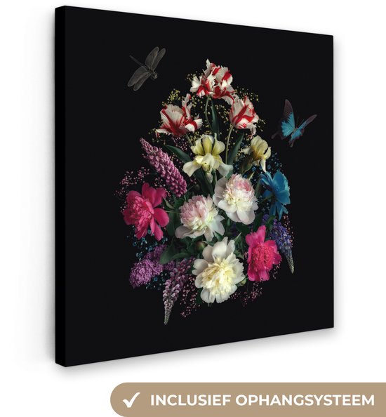 Tableau sur toile Fleurs - Papillon - Nature morte - 50x50 cm - Décoration murale