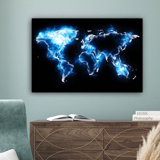 Wereldkaart en bleu électrique sur fond noir 60x40 cm