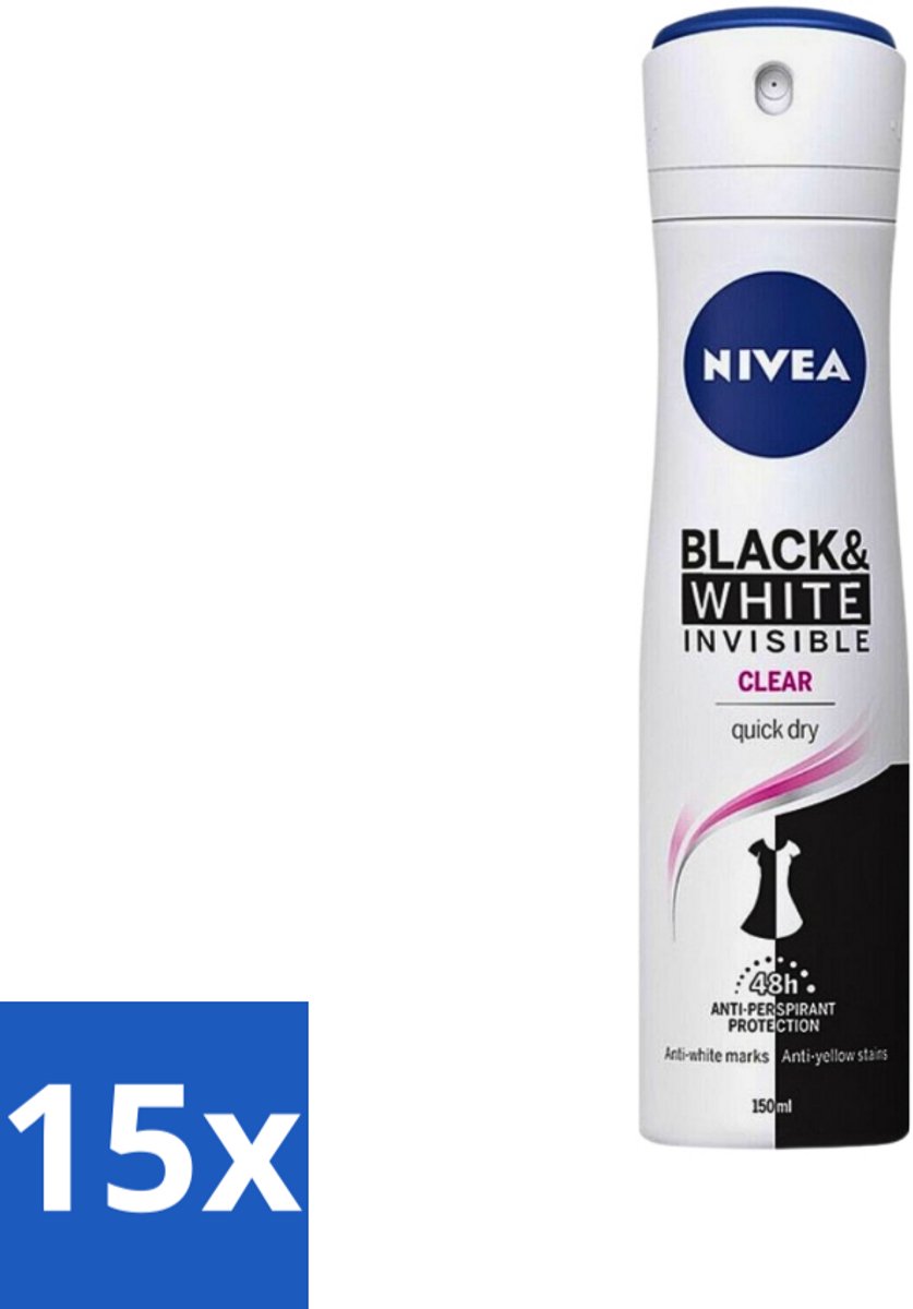 15 x Nivea - Deospray - Invisible Black & White - 48 Uur Lange Bescherming - 150 ml - Deospray - Anti-transpirant - Bescherming Kleding - Witte Strepen - Gele Vlekken