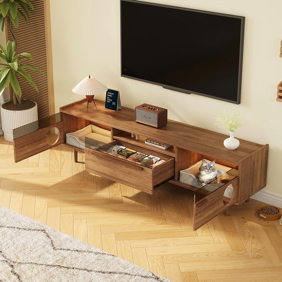 Tv-meubel van 2000 mm met glazen ur uit het midn van eeuw, morne houten mediaconsole met opbergruimte en LED in walnoot｜Homary