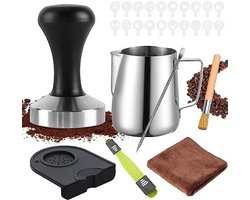 PromoHome Barista Set Compleet - 51mm Espresso Koffiestamper met Houten Handvat, Melkkannetje 350ml, Latte Art Pen, Schoonmaakaccessoires en Sjablonen - Professionele Koffiezet Set