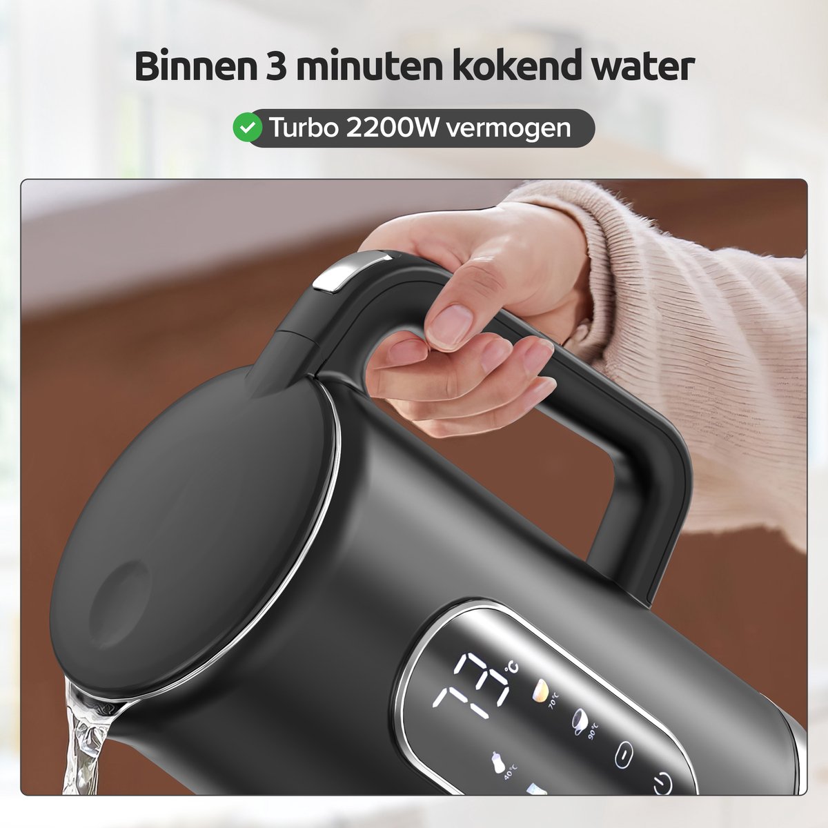 Olvy Waterkoker met Temperatuurregeling - Warmhoudfunctie - RVS - Dubbelwandig - Elektrisch - 1.7 Liter - 2200W - Zwart — afbeelding 3