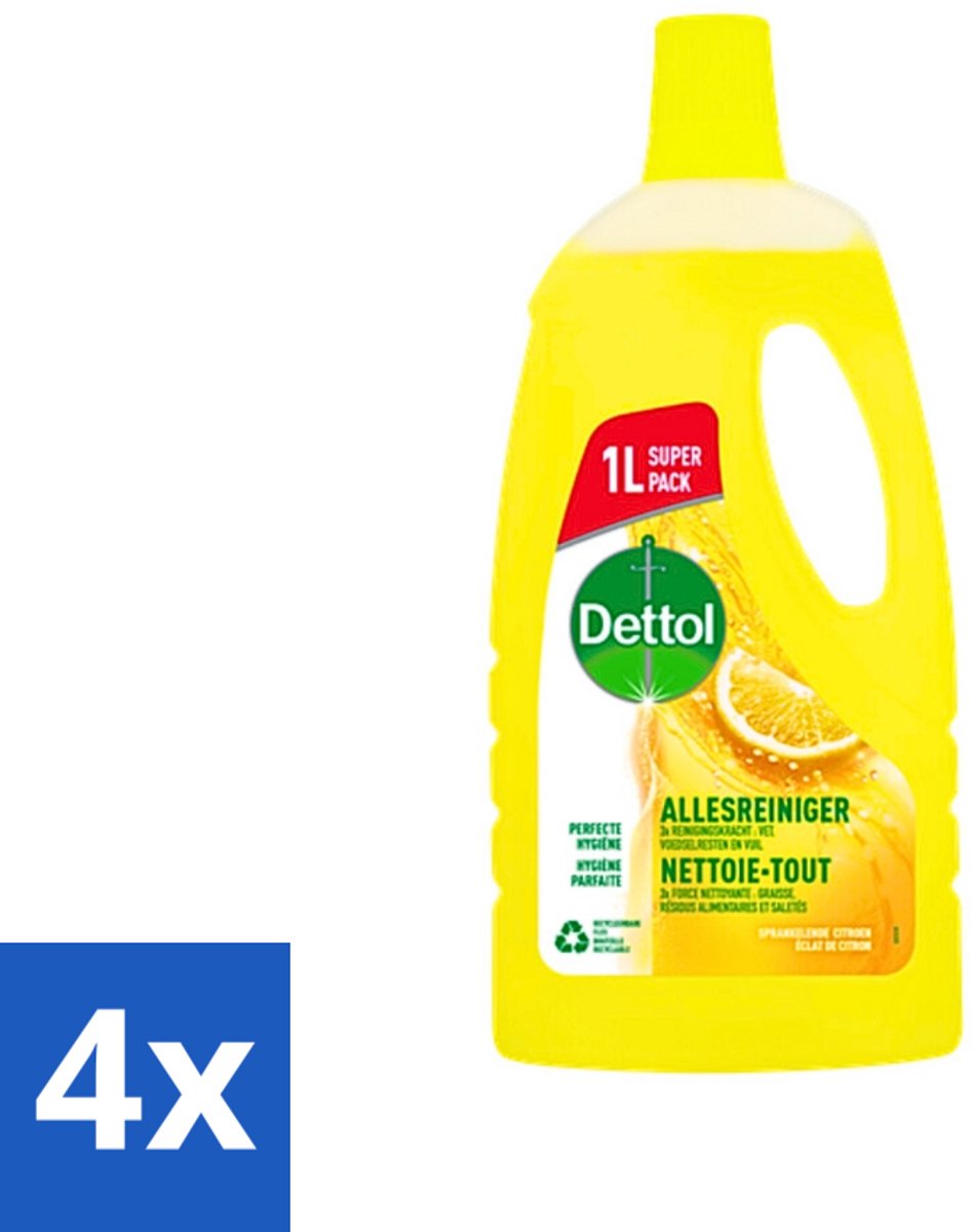 4 x Dettol - Allesreiniger - Citroen - Hygiënisch Schoon - 1 liter - Allesreiniger - Schoonmaakmiddel - Citrusgeur - Hygiënisch Schoon - Keukenreiniger