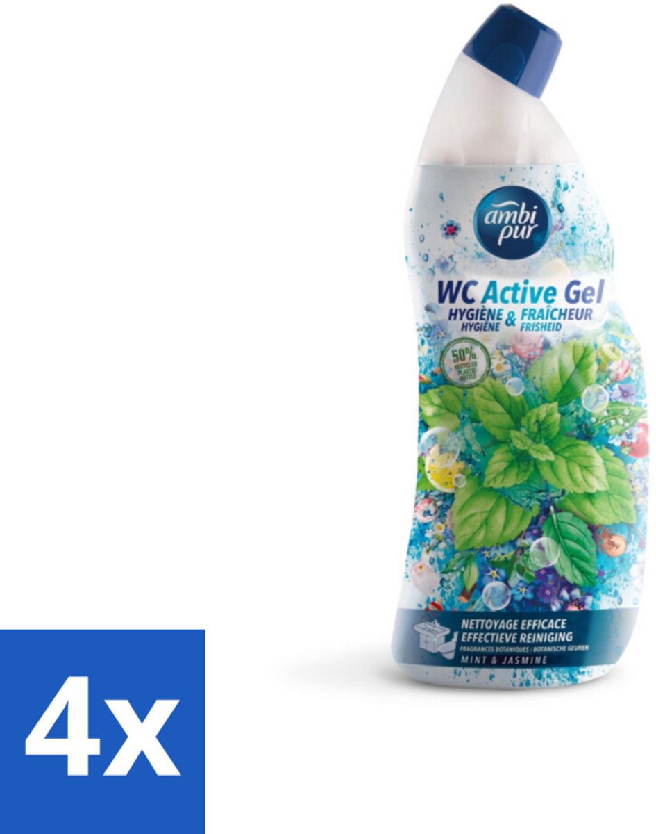 4 x Ambi Pur - Toiletreiniger - WC Active Gel - Mint & Jasmijn - 750 ml - Toilet Schoonmaak - Toilet Reiniger - Wc Gel - Anti-kalk - Frisse Geur