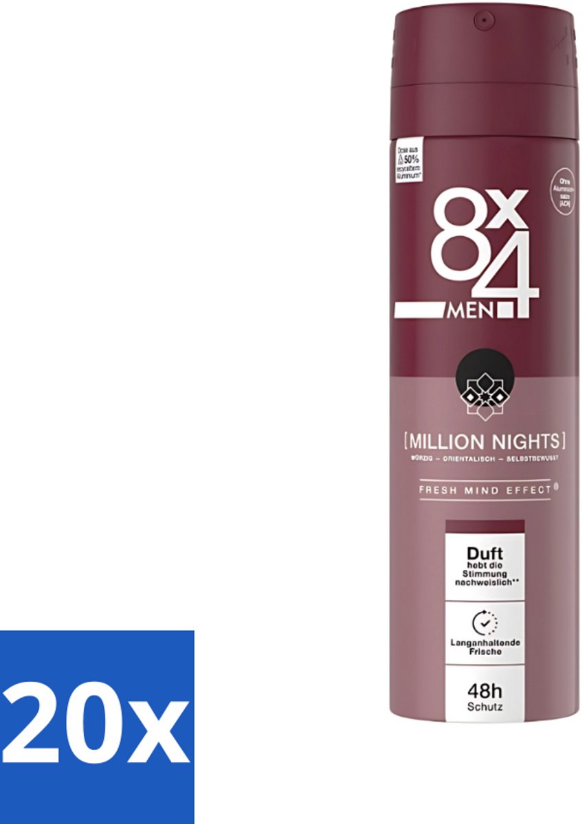 20 x 8 x 4 Deospray Men - No.18 Millions Nights - Deodorant - Voor Heren - 150 ml - Deodorant Voor Heren - Avondgeur - Langdurige Bescherming - Zweetbestendig - Verleidelijke Geur