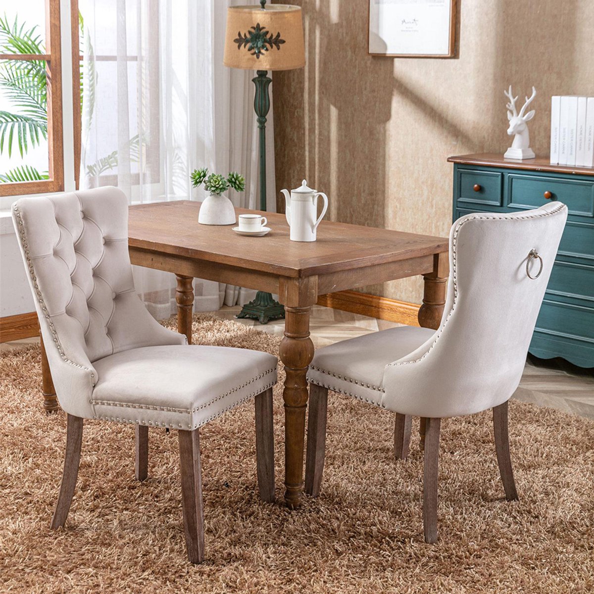Pugsdrly Moderne, hoogwaardige eetkamerstoel van eigentijds fluweel, gestoffeerd met knopen, houten poten en spijkerversiering, set van 2, beige, DE2001BG