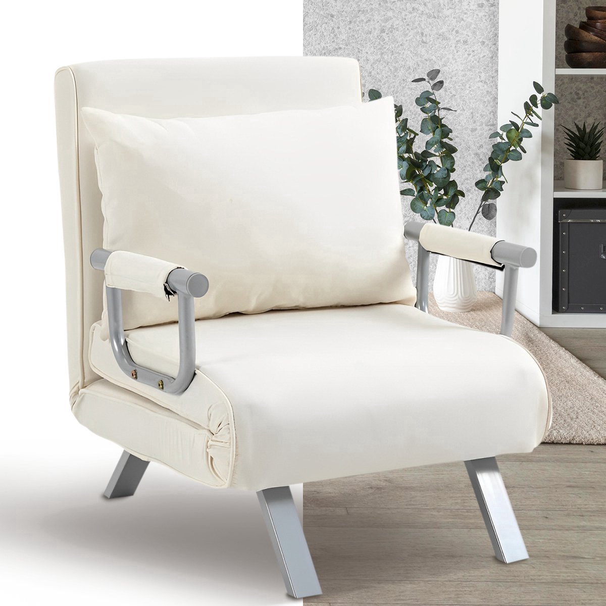 Slaapstoel - Uitklapbaar - Slaapbank - Logeerbed - Zetelbed - Slaapfauteuil - Vouwbed - 1 persoons - Zeer comfortabel - Crème