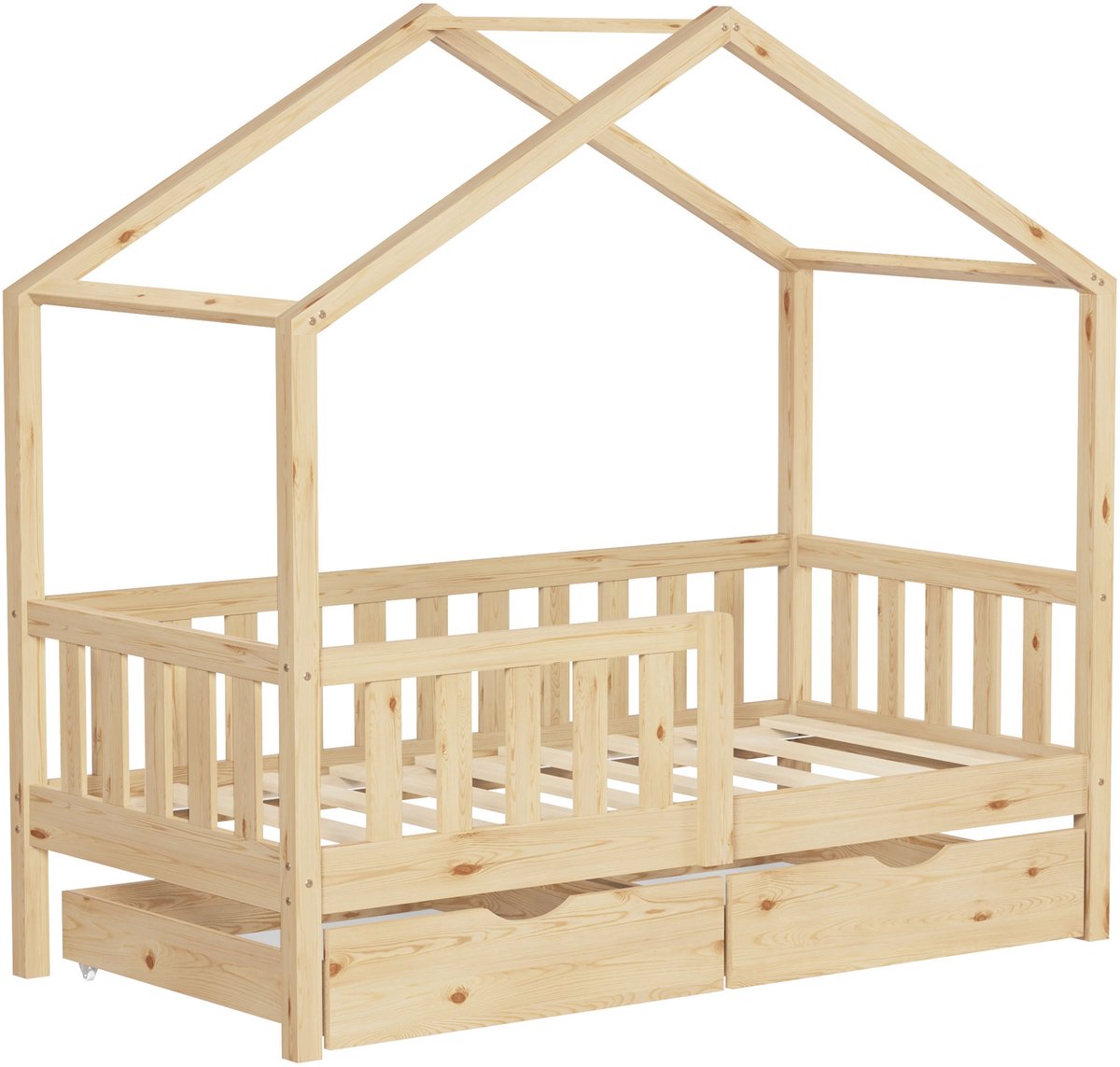 ml-design kinderbed huisbed 70x140 cm naturel houten bed met 2 lades valbeveiliging lattenbodem en dak speelbed van massief grenenhout Montessori vloerbed kinderkamer bedframe speelhuis bed voor kinderen meisjes jongens juniorbed houten kinderhuisbed Beige