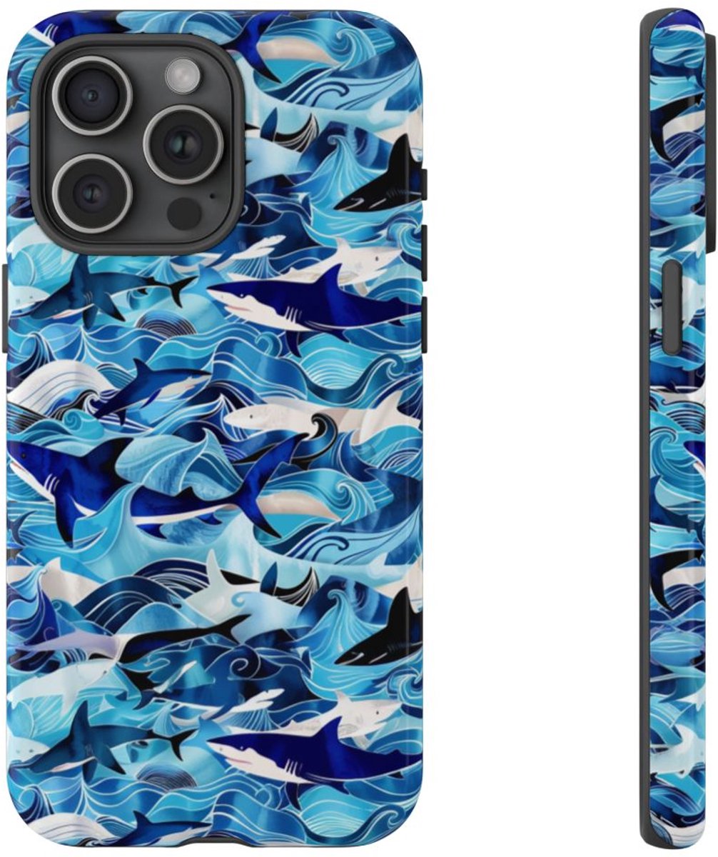 Blauwe Oceaangolven en Haaienpatroon – Telefoonhoesje Geschikt voor iPhone 15 Pro Max