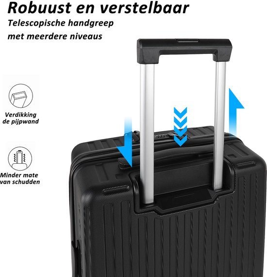 Zwarte koffer met robuuste, in hoogte verstelbare telescoopgreep.