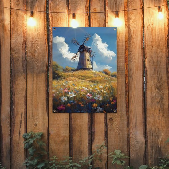 Tuinposter 60x80 cm - Tuindecoratie Windmolen - Heuvel - Bloemen - Kleurrijk - Poster voor in de tuin - Buiten decoratie - Schutting tuinschilderij - Tuindoek muurdecoratie - Wanddecoratie balkondoek