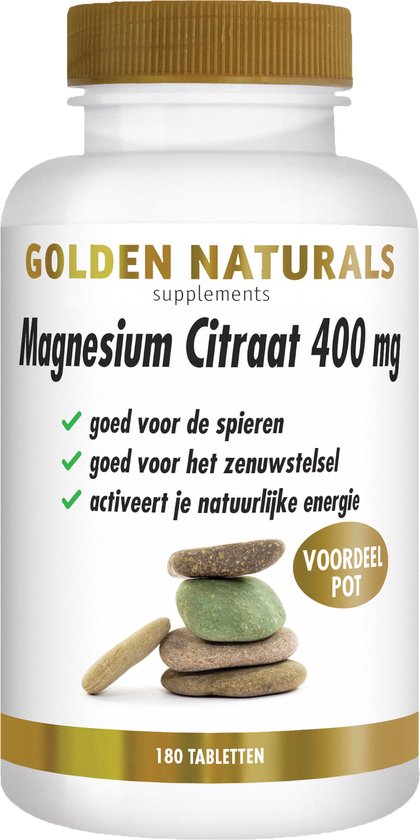Witte pot met gouden dop en label 'Golden Naturals Magnesium Citraat 400 mg'. Toont gestapelde stenen. Bevat 180 tabletten.