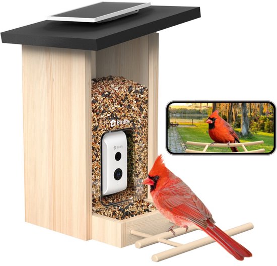 Birdfy Feeder Ebony Inclusief Zonnepaneel – Slim Vogelhuisje met Camera – Houten Vogelvoederhuis – AI Vogelherkenning