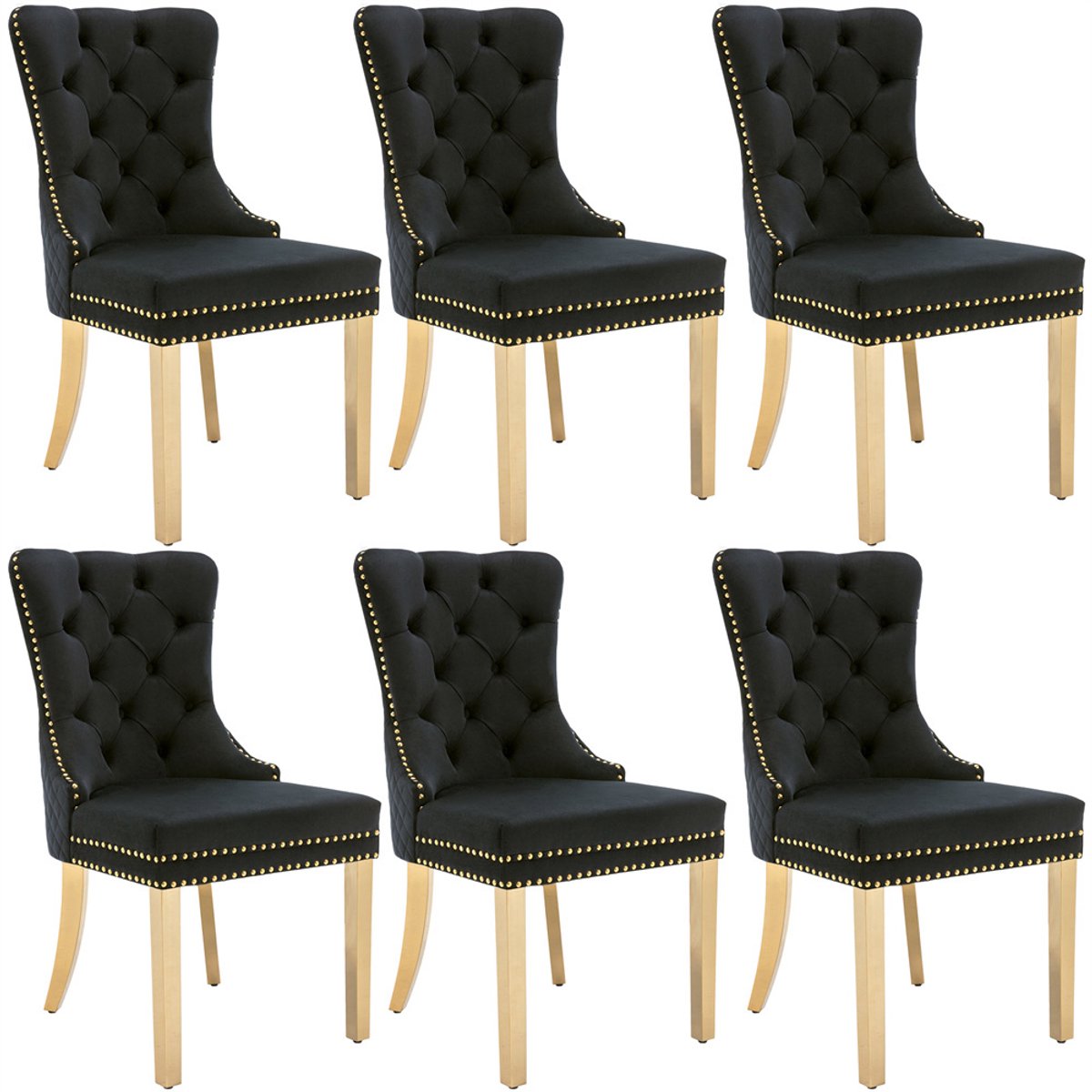 YEHTOKHOME Set van 6 Fluwelen eetkamerstoelen, Keukenstoel woonkamerstoel met deurklopper, Gestoffeerde stoel met klinknagels, Eetkamerstoel in vintage stijl, Gouden metalen poten, Zwart, b 51 x d 65.5 x h 95 cm