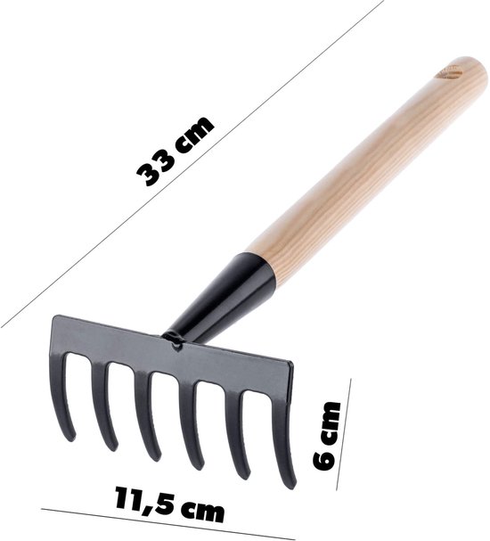 KADAX Kleine hark van metaal, hark met steel van hout, bladhark, bladhark, gazonhark voor tuin, hark, handhark, kleine waaierbezem (6 tanden, zwart, zwart) van KADAX — afbeelding 4