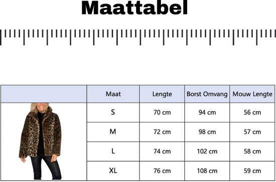 Maattabel met maatinformatie voor een jas met luipaardprint.