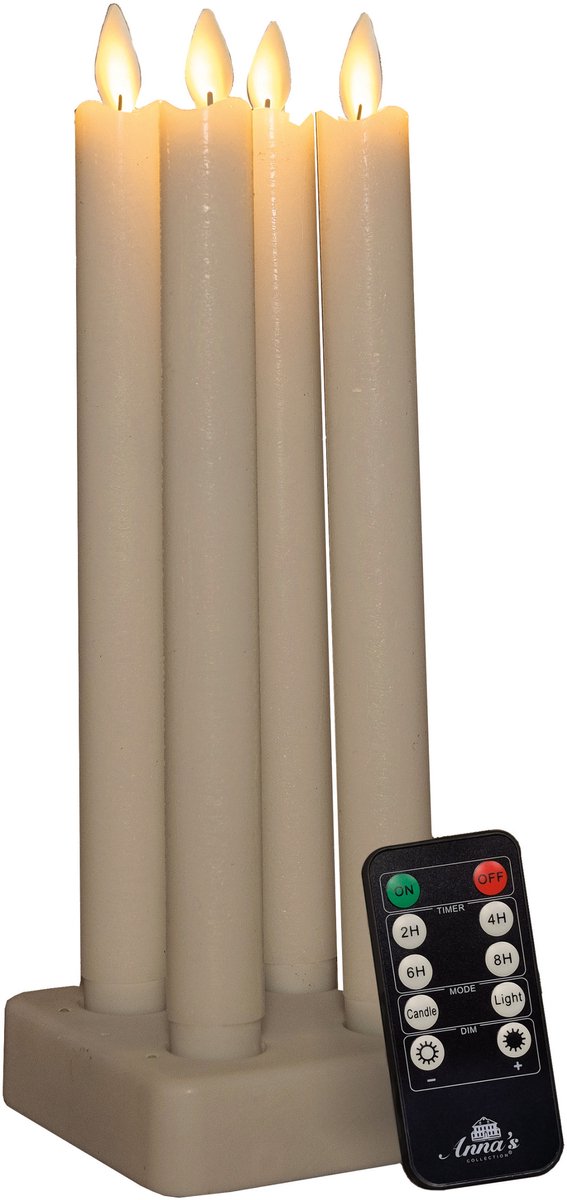 Anna's Collection Oplaadbare LED dinerkaarsen - 4x - ivoor - 23,5 cm - afstandsbediening - oplaadstation