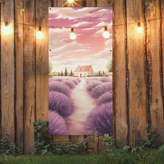 Affiche de jardin 80x160 cm - Décoration de jardin Champ de lavande - Maison - Violet - Affiche pour le jardin - Décoration extérieure - Tableau de jardin clôture - Décoration murale sur toile de jardin - Décoration murale sur toile de balcon