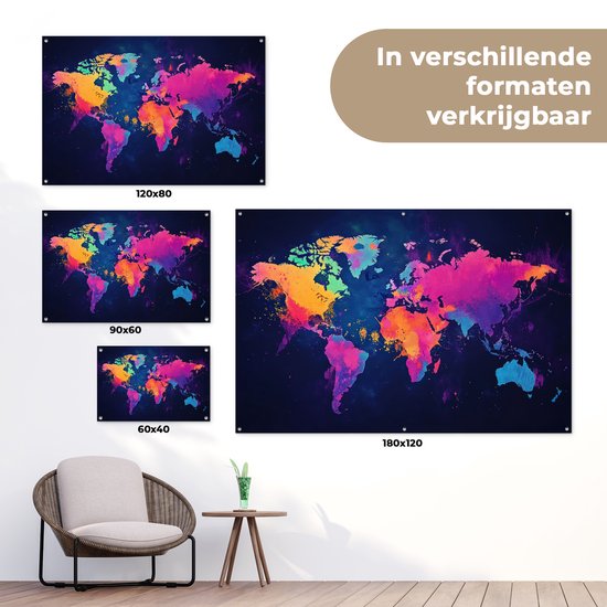 Tuinposter 120x80 cm - Tuindecoratie Wereldkaart - Kleurrijk - Graffiti - Poster voor in de tuin - Buiten decoratie - Schutting tuinschilderij - Tuindoek muurdecoratie - Wanddecoratie balkondoek